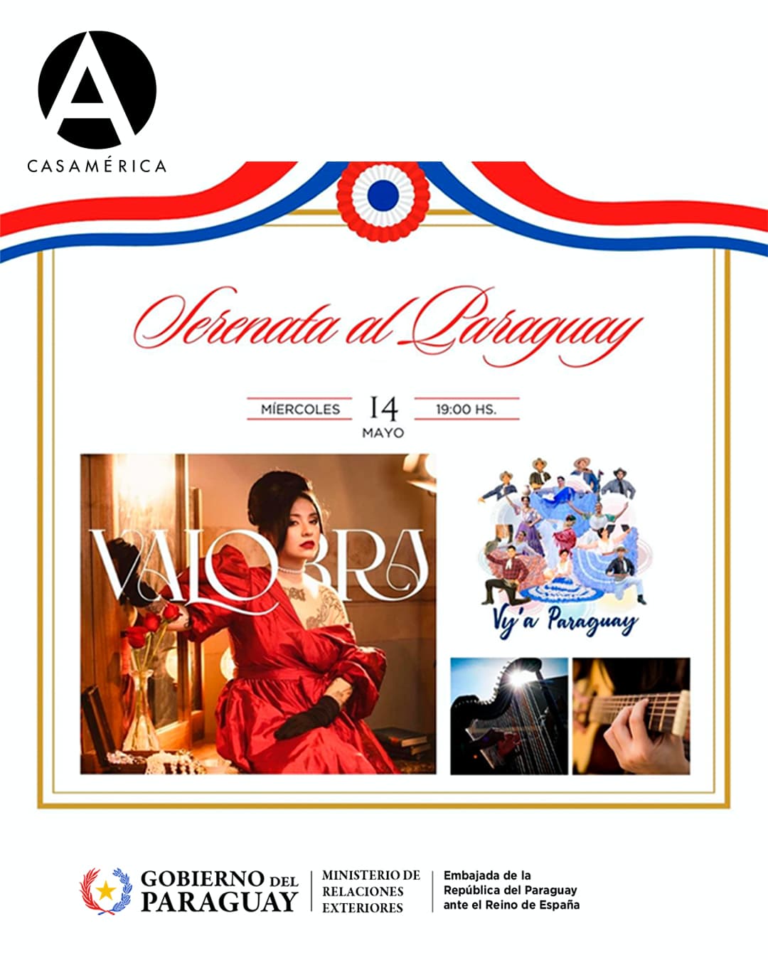 🎤 🇵🇾 Celebramos las Fiestas Patrias del Paraguay con la 3.ª edición del concierto 'Serenata al Paraguay', un homenaje a la música y danza del país.
La guarania (en su centenario) y la polca serán protagonistas.

👥 Introduce Justo Apodaca. Con @andreavalobra y el elenco de danza Vy’a Paraguay (@vya_paraguay_bcn).
🤝 Con la @embaparespana.

📅 Miércoles 14 de mayo.
⌚ 19:00.
📍 Anfiteatro Gabriela Mistral (entrada por Marqués del Duero, 2).
🎟 Entrada libre hasta completar aforo.

🔗 Más información en el perfil, enlace en la biografía.