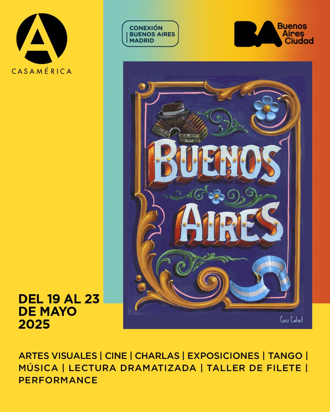 ✈️🇦🇷🇪🇸 Conexión Buenos Aires - Madrid 2025.
🗓 Del 19 al 23 de mayo en Casa de América.

Vuelve el festival que celebra el diálogo cultural entre dos ciudades hermanas. En su tercera edición, Conexión Buenos Aires - Madrid presenta una intensa programación dedicada al tango, el filete porteño y el cine argentino contemporáneo, entre otras actividades.

🎶 Música:
19/5 – 18:00: Charla ‘Conexión sonora’.
22/5 – 19:00: Concierto ‘Tango con humor’, con las Hermanas Rubí.
23/5 – 19:00: ‘Tango y folklore: Sueño al Sur’.

🎨 Arte:
19 al 23/5 – 11:00 a 19:30: Exposición ‘Urbana BA III’.
22/5 – 18:00: Charla sobre el filete porteño.

🎬 Cine:
19/5: ‘La educación de los cerdos’.
20/5 – 18:30: ‘Quinografía’.
21/5 – 18:30: ‘Adulto’.
22/5 – 18:30: ‘Elijo creer’.
23/5 – 18:30: ‘Camila’.

🎭 Teatro:
21/5 – 18:00: Lectura dramatizada de ‘Paraíso’, con Luciano Cáceres (@lucianocaceresok).

🕺 Tango y milonga:
22/5 – 17:00: Clase de tango.
23/5 – 17:00: Clase de milonga

🤝 Con @buenosairesconexion, @buenosaires y @mariavictoriaalcaraz.
🔗 Puedes ver más información en nuestra web, enlace en la biografía.
