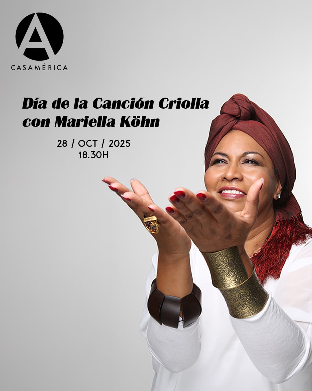 🇵🇪🎶 𝐃𝐢́𝐚 𝐝𝐞 𝐥𝐚 𝐂𝐚𝐧𝐜𝐢𝐨́𝐧 𝐂𝐫𝐢𝐨𝐥𝐥𝐚.

La cantante y comunicadora peruana Mariella Köhn (@mariellakohnbailon) ofrecerá un concierto dedicado a la canción criolla, uno de los géneros más representativos del Perú, que combina influencias españolas, africanas e indígenas.

En esta velada, Köhn rendirá homenaje a compositoras esenciales como Chabuca Granda, Alicia Maguiña, Serafina Quinteras, Lourdes Carhuas y Victoria Santa Cruz, y conmemorará el centenario del folklorista Nicomedes Santa Cruz, interpretando valses, polcas y música afroperuana.

Una cita para celebrar la identidad, la memoria y la riqueza sonora del Perú.

🤝 Con @embajadaperuenespana.
📅 28 de octubre ⌚ 19:00.
📍 Anfiteatro Gabriela Mistral.
🎟️ Entrada libre hasta completar aforo.
🔗 Más información en nuestra web, enlace en la biografía.

#DíaDeLaCanciónCriolla #MariellaKöhn #MúsicaPeruana #PatrimonioCultural #CasaDeAmérica