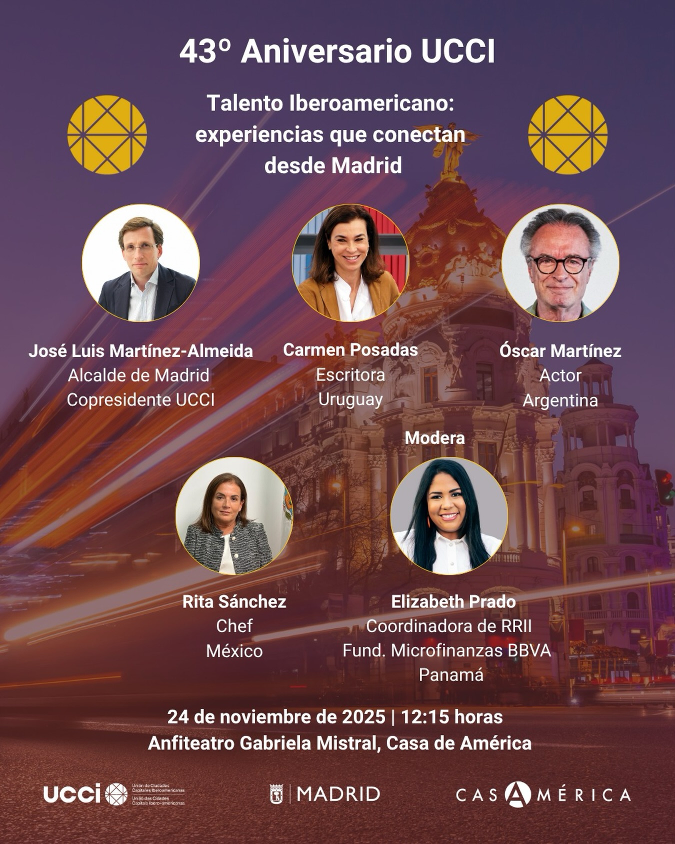 🌎 ‘𝐓𝐚𝐥𝐞𝐧𝐭𝐨 𝐢𝐛𝐞𝐫𝐨𝐚𝐦𝐞𝐫𝐢𝐜𝐚𝐧𝐨: 𝐞𝐱𝐩𝐞𝐫𝐢𝐞𝐧𝐜𝐢𝐚𝐬 𝐪𝐮𝐞 𝐜𝐨𝐧𝐞𝐜𝐭𝐚𝐧 𝐝𝐞𝐬𝐝𝐞 𝐌𝐚𝐝𝐫𝐢𝐝’.
Diálogo en el 43º aniversario de la Unión de Ciudades Capitales Iberoamericanas (UCCI), centrado en el papel de Madrid como espacio de encuentro para la cultura, la creación y las trayectorias iberoamericanas.

👥 Con León de la Torre, @martinez_almeida_, Santiago Sánchez, Carmen Posadas, @martinezoscarok, Rita Sánchez y Elizabeth Prado.
🤝 Con @ucci_iberoamerica y @madrid.

📅 24 de noviembre.
⌚️ 12:30.
📍 Anfiteatro Gabriela Mistral.
🎟️ Entrada con inscripción.

🔗 Más información en nuestra web, enlace en la biografía.

#CasaDeAmérica #Iberoamérica #Cultura #Madrid