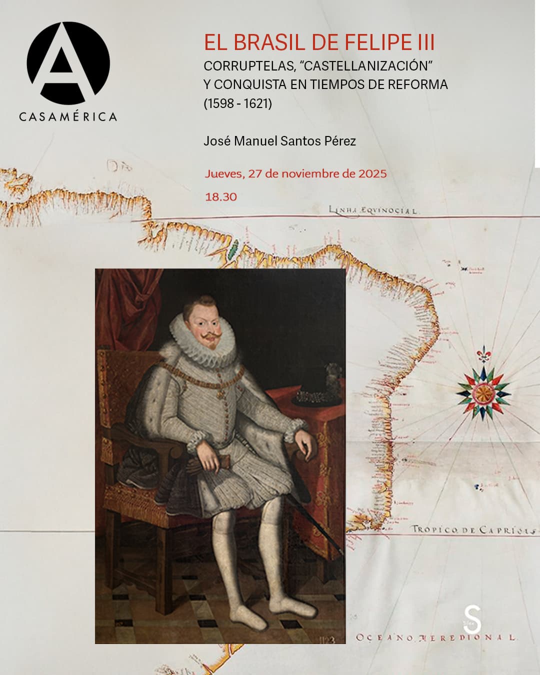 📚 ‘𝐄𝐥 𝐁𝐫𝐚𝐬𝐢𝐥 𝐝𝐞 𝐅𝐞𝐥𝐢𝐩𝐞 𝐈𝐈𝐈’. 𝐂𝐨𝐧𝐯𝐞𝐫𝐬𝐚𝐜𝐢𝐨́𝐧 𝐚 𝐩𝐫𝐨𝐩𝐨́𝐬𝐢𝐭𝐨 𝐝𝐞𝐥 𝐥𝐢𝐛𝐫𝐨 𝐝𝐞 𝐉𝐨𝐬𝐞́ 𝐌𝐚𝐧𝐮𝐞𝐥 𝐒𝐚𝐧𝐭𝐨𝐬.

Este encuentro se centra en ‘El Brasil de Felipe III. Corruptelas, “castellanización” y conquista en tiempos de reforma (1598-1621’, un estudio sobre el impacto del gobierno de Felipe III en la América portuguesa y la configuración de los “Estados” de Brasil y Maranhão.
Se analizarán las reformas administrativas y fiscales, las tensiones entre las directrices de la monarquía y la realidad colonial, así como el papel de las “corruptelas” en un contexto de expansión territorial en el Atlántico sur.

👥 Con José Manuel Santos, Amorina Villarreal Brasca y Antonio Maura.
🤝 Con @silexediciones.

📅 Jueves 27 de noviembre.
⌚ 18:30.
📍 Sala Simón Bolívar.
🎟️ Entrada con inscripción previa.

🔗 Más información en nuestra web, enlace en la biografía.
