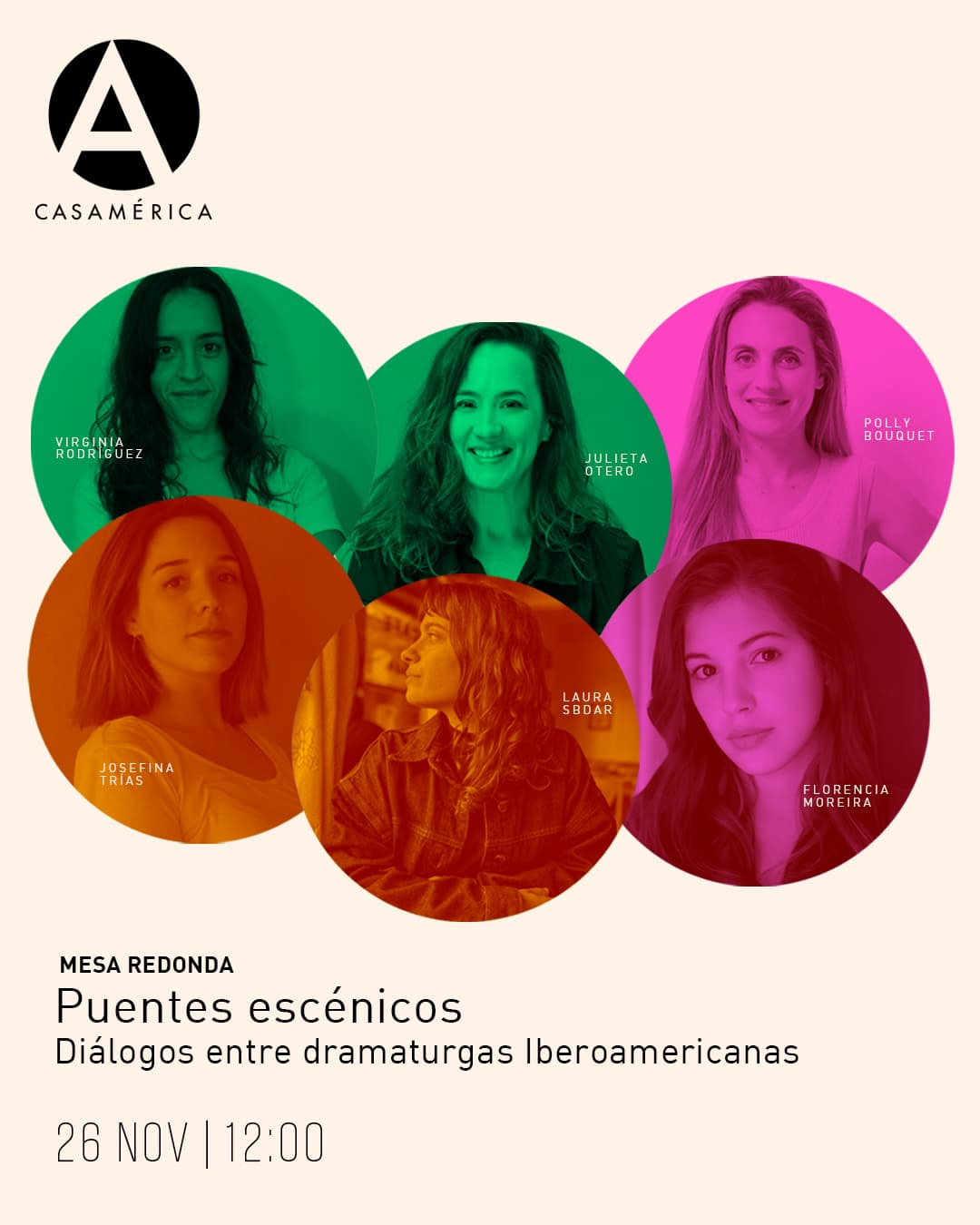 🎭🇦🇷🇺🇾 'Puentes escénicos: diálogos entre dramaturgas iberoamericanas', un encuentro que reúne a seis creadoras de Argentina y Uruguay para compartir reflexiones sobre la dramaturgia contemporánea.

👥 Con @pollybouquet, Florencia Moreira, Julieta Otero, @virpink, @laurasbdar y @josefinatrias.
Modera: Ana Fernández Valbuena.
🤝 Con @fundacionsgae.

📅 Miércoles 26 de noviembre.
⌚️ 12:00.
📍 Sala Miguel de Cervantes, Casa de América.
🎟️ Entrada libre hasta completar aforo.

🔗 Más información en nuestra web, enlace en la biografía.