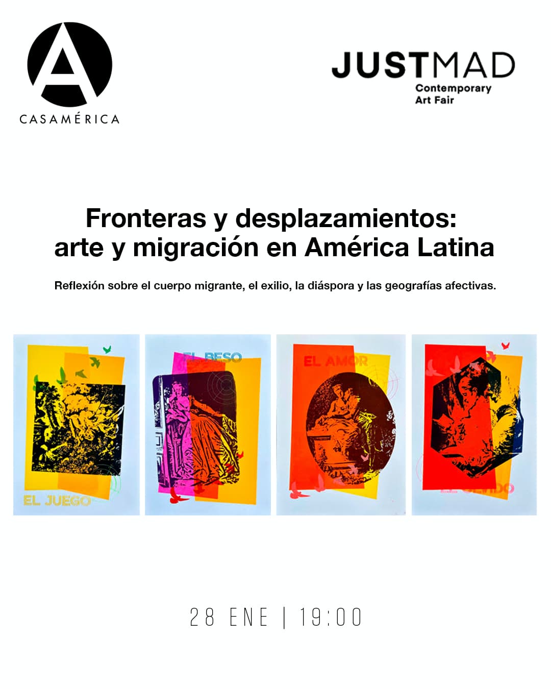 🌏 Conversatorio ‘Fronteras y desplazamientos: arte y migración en América Latina’, en el marco de la tercera edición de JustLATAM, sección dedicada al arte latinoamericano dentro de la feria de arte contemporáneo JUSTMAD.

La conversación propone una reflexión sobre cómo las prácticas artísticas latinoamericanas contemporáneas abordan el cuerpo migrante, el exilio, la diáspora y las geografías afectivas, entendiendo las fronteras no solo como límites geopolíticos, sino también como espacios simbólicos, culturales y emocionales. El diálogo pone el foco en las relaciones entre América Latina, Estados Unidos y Europa, y en los procesos de influencia, resistencia y reapropiación que atraviesan estas experiencias de desplazamiento.

👥 Con @oscargarciagarcia_, Laura Darriba, @marialightowler_s y Doris Araujo.
🤝 Con @justfairs.

📅 Miércoles 28 de enero.
⌚ 19:00.
📍 Sala Simón Bolívar.
🎟️ Entrada hasta completar aforo.

🔗 Más información en nuestra web, enlace en la biografía.