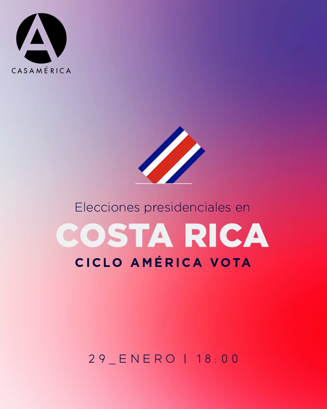 🗳️ Elecciones presidenciales en Costa Rica - Ciclo América Vota.

En esta sesión se analiza el escenario electoral de Costa Rica ante las elecciones presidenciales previstas para el 1 de febrero de 2026. El encuentro aborda los retos del proceso, el papel de los partidos políticos y las dinámicas sociales que marcarán el rumbo del país, en diálogo con el contexto regional centroamericano e iberoamericano.

👥 Con Marisa Ramos y Jacobo García. Modera: Marta Nebot.

📅 Miércoles 29 de enero.
⌚ 18:00.
📍 Sala Miguel de Cervantes.
🎟️ Entrada libre hasta completar aforo.
🔗 Más información en nuestra web, enlace en la biografía.