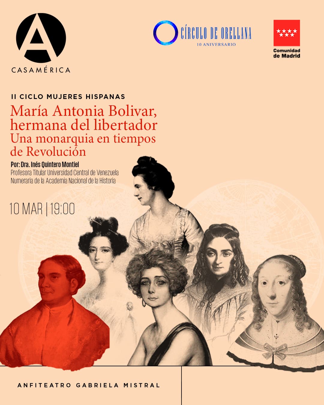 📜 '𝐔𝐧𝐚 𝐦𝐨𝐧𝐚́𝐫𝐪𝐮𝐢𝐜𝐚 𝐞𝐧 𝐭𝐢𝐞𝐦𝐩𝐨𝐬 𝐝𝐞 𝐫𝐞𝐯𝐨𝐥𝐮𝐜𝐢𝐨́𝐧: 𝐌𝐚𝐫𝐢́𝐚 𝐀𝐧𝐭𝐨𝐧𝐢𝐚 𝐁𝐨𝐥𝐢́𝐯𝐚𝐫 (𝟏𝟕𝟕𝟕-𝟏𝟖𝟒𝟐)'

Inauguramos la segunda edición del ciclo 'Mujeres hispanas: creadoras de la Historia y la Cultura en español'. Una conferencia para descubrir la figura de María Antonia Bolívar, hermana del Libertador, cuya lealtad a la corona y defensa de sus convicciones desafiaron las convenciones de su tiempo.

A través de su historia, la historiadora Inés Quintero nos invita a repensar la Independencia de Venezuela desde una mirada más humana y compleja, alejada del bronce de los relatos patrios.

👥 Con Bartolomé González Jiménez, Leticia Espinosa de los Monteros e @inesquinterom.

🤝 Con @circuloorellana y @comunidadmadrid.

📅 Martes 10 de marzo.
⌚ 19:00.
📍 Anfiteatro Gabriela Mistral.
🎟️ Entrada con inscripción previa.

📡 En directo a través de nuestro YouTube.

🔗 Formulario de inscripción y más información en el enlace de la biografía.

#Historia #CírculoDeOrellana #MujeresHispanas #SimónBolívar #Cultura #Madrid #CasaDeAmérica