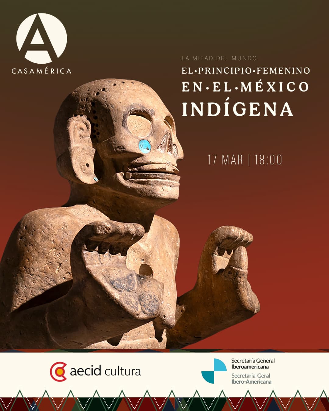 ♀️ 𝐄𝐧𝐜𝐮𝐞𝐧𝐭𝐫𝐨 ‘𝐋𝐚 𝐦𝐢𝐭𝐚𝐝 𝐝𝐞𝐥 𝐦𝐮𝐧𝐝𝐨: 𝐞𝐥 𝐩𝐫𝐢𝐧𝐜𝐢𝐩𝐢𝐨 𝐟𝐞𝐦𝐞𝐧𝐢𝐧𝐨 𝐞𝐧 𝐞𝐥 𝐌𝐞́𝐱𝐢𝐜𝐨 𝐢𝐧𝐝𝐢́𝐠𝐞𝐧𝐚’.

A propósito de la exposición que une a cuatro grandes instituciones madrileñas (@casademexicoenespana, @museothyssen, @manarqueologico e @institutocervantesespana), nos reunimos en Casa de América para analizar el papel de las mujeres indígenas mexicanas desde la arqueología, la mitología y la vida cotidiana.

Un recorrido que va desde los hallazgos en Palenque hasta la ritualidad del parto en Mesoamérica y el simbolismo sagrado del telar maya. Una oportunidad para visibilizar y resignificar la presencia femenina en la historia y el arte prehispánico.

👥 Bienvenida: Moisés Morera. Con Andrés Ciudad Ruiz, Luis Fernando Núñez, Patricia Horcajada Campos, Cristina Vidal Lorenzo y Andrés Gutiérrez Usillos.
🤝 Con @aecid_es y @segibdigital.

📅 Martes 17 de marzo.
⌚ 18:00.
📍 Sala Simón Bolívar.
🎟️ Entrada libre hasta completar aforo.

🔗 Programa completo en el enlace de la biografía.

�#México #CulturaMaya #HistoriaDeAmérica #MujerIndígena