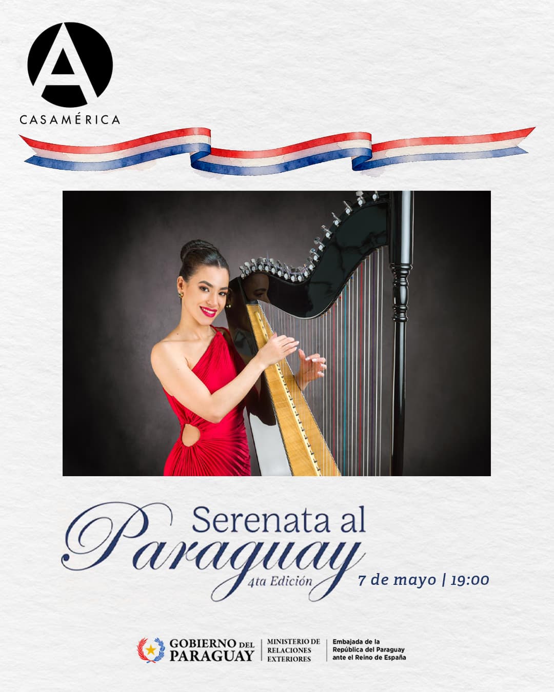 🇵🇾🎶 𝐈𝐕 𝐞𝐝𝐢𝐜𝐢𝐨́𝐧 𝐝𝐞 '𝐒𝐞𝐫𝐞𝐧𝐚𝐭𝐚 𝐚𝐥 𝐏𝐚𝐫𝐚𝐠𝐮𝐚𝐲 – 𝐂𝐨𝐧𝐜𝐢𝐞𝐫𝐭𝐨 𝐝𝐞 𝐀𝐫𝐩𝐚𝐬'.

Con motivo de las Fiestas Patrias del 14 y 15 de mayo, celebramos una velada dedicada a la riqueza del arpa paraguaya, el canto y la danza. Un encuentro que integra a distintas generaciones de intérpretes para rendir homenaje a figuras imprescindibles de la música popular y folclórica como Quemil Yambay, Alma María Vaesken y Luis Alberto del Paraná.

A través de diversos formatos musicales, exploramos la identidad cultural del Paraguay en un diálogo artístico que proyecta su legado a nivel internacional.

🤝 Con @embaparespana.
📅 Jueves 7 de mayo.
⌚ 19:00.
📍 Anfiteatro Gabriela Mistral (Acceso por C/ Marqués del Duero, 2).
🎟️ Entrada libre hasta completar aforo.

🔗 Programa completo y más información en el enlace de la biografía.

#Paraguay #ArpaParaguaya #Cultura #Música #Folclore
